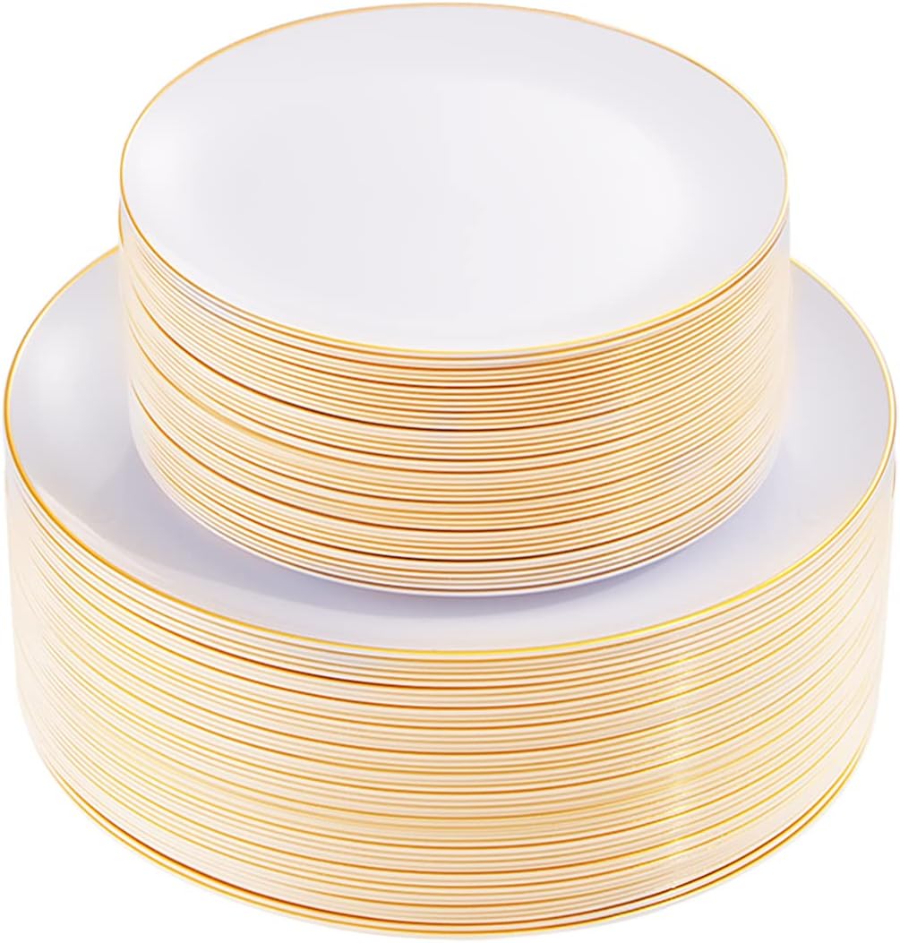KIRE 100PCS Disposable Plates - White with Gold Rim for Party and Wedding