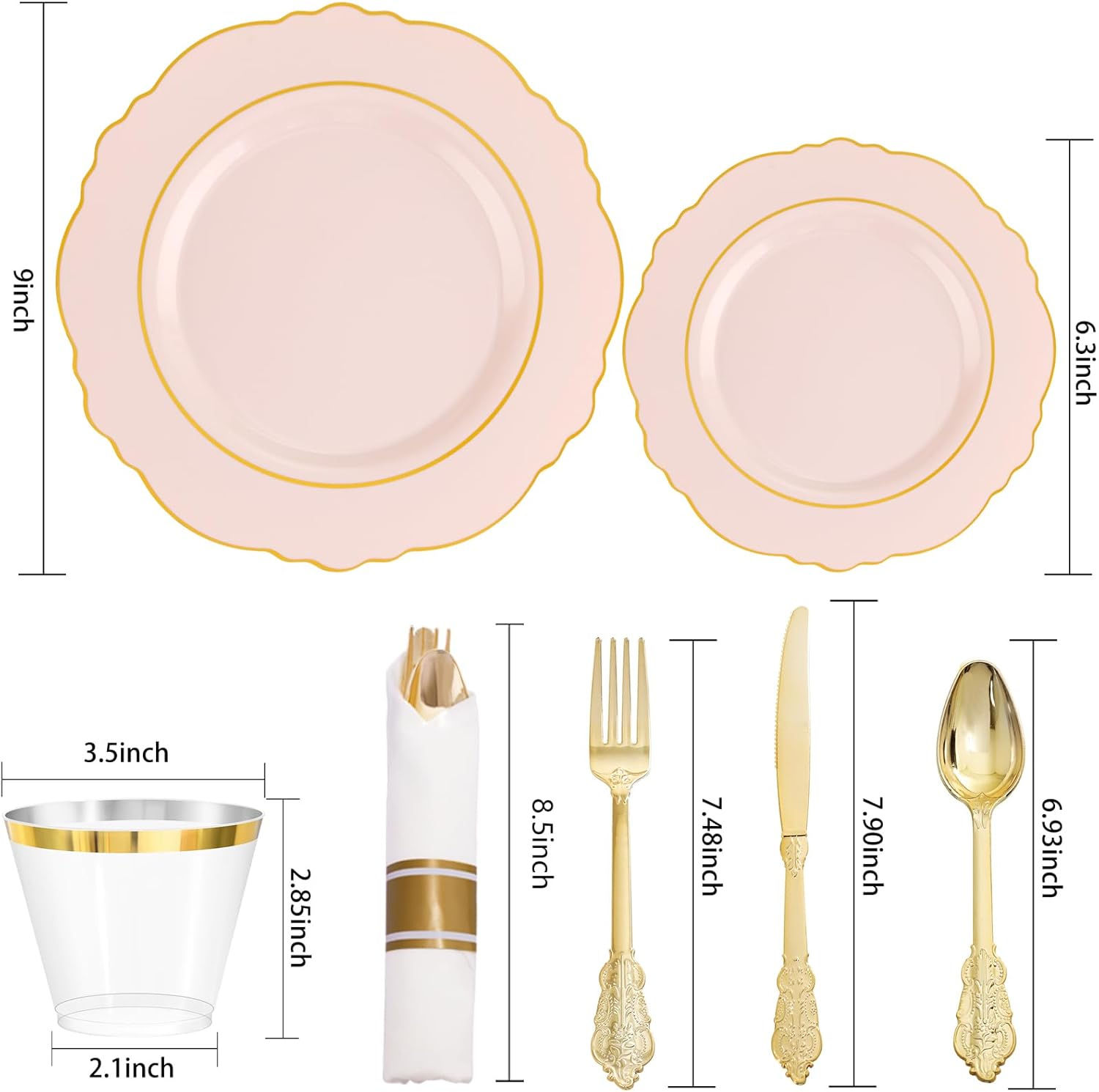 Liacere 350PCS Pink Plates with Gold Border for 50 Guests