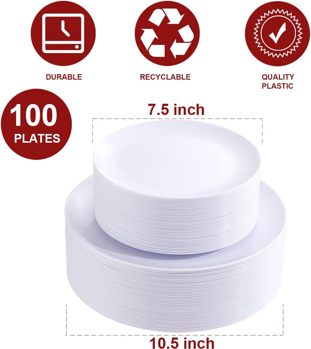 PULOTE 100PCS White Plastic Plates for Party and Wedding