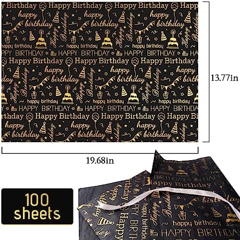 MR FIVE 100 Sheets Birthday Tissue Paper - 20x14 Black Gold Design