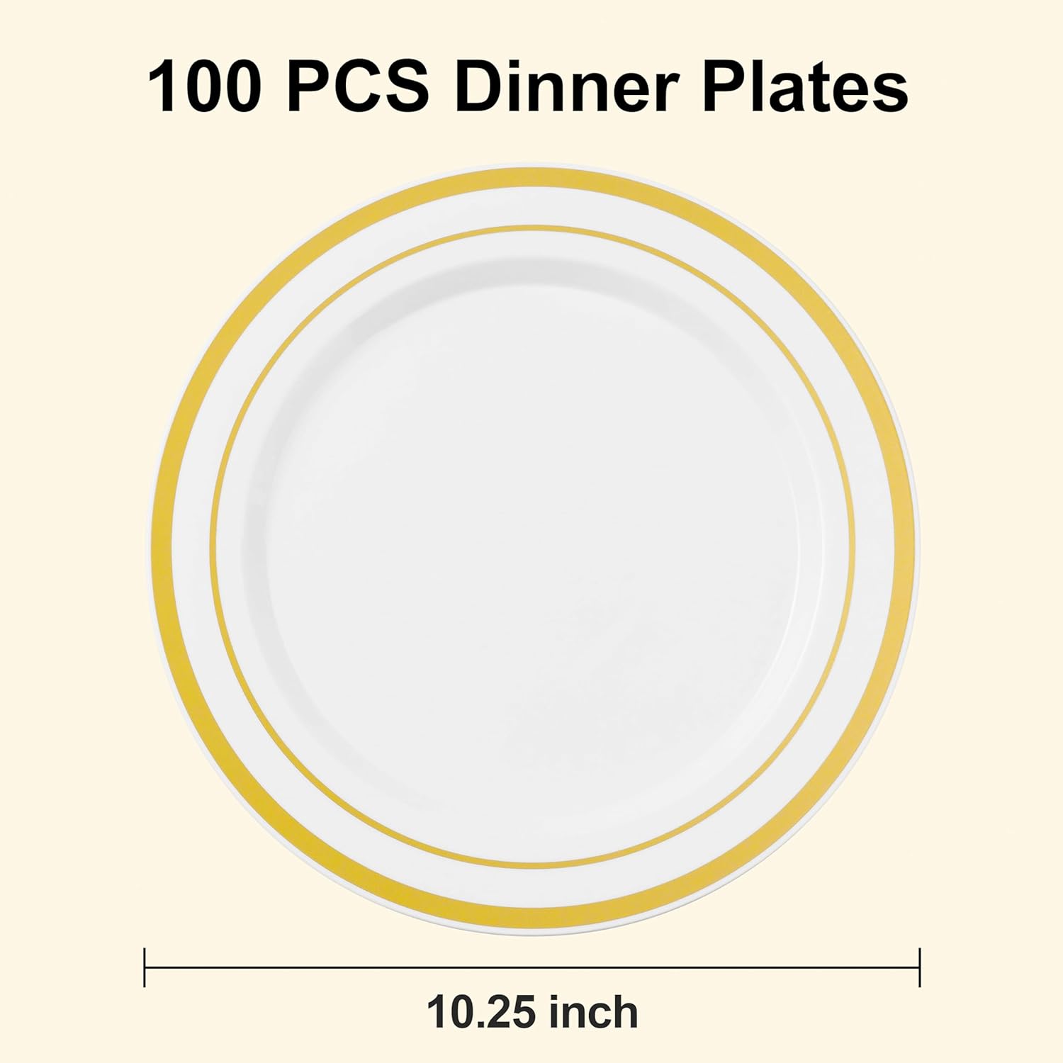 100PCS White Plastic Plates with Gold Rim 1025 Inch