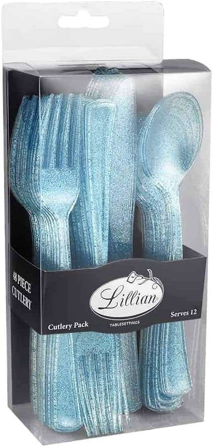 Premium Blue Glitter Plastic Cutlery Set Pack of 48