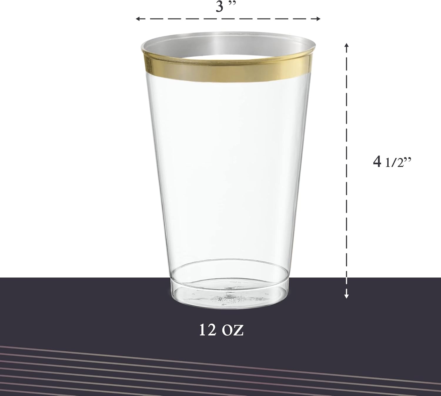 Disposable 12 oz Crystal Clear Plastic Tumblers With Gold Rim Pack of 50