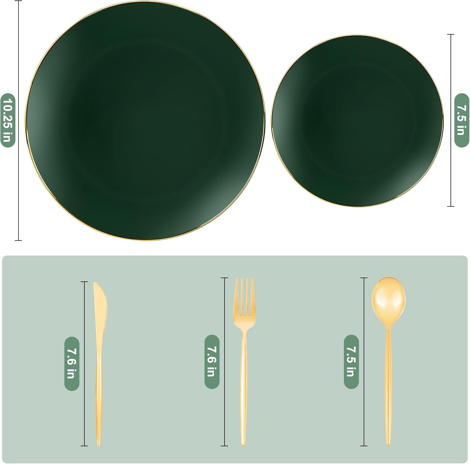 I00000 150Pcs Green Plastic Plates with Gold Rim Set