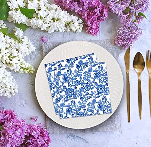 100 Blue Floral Cocktail Napkins for Spring Flower Events