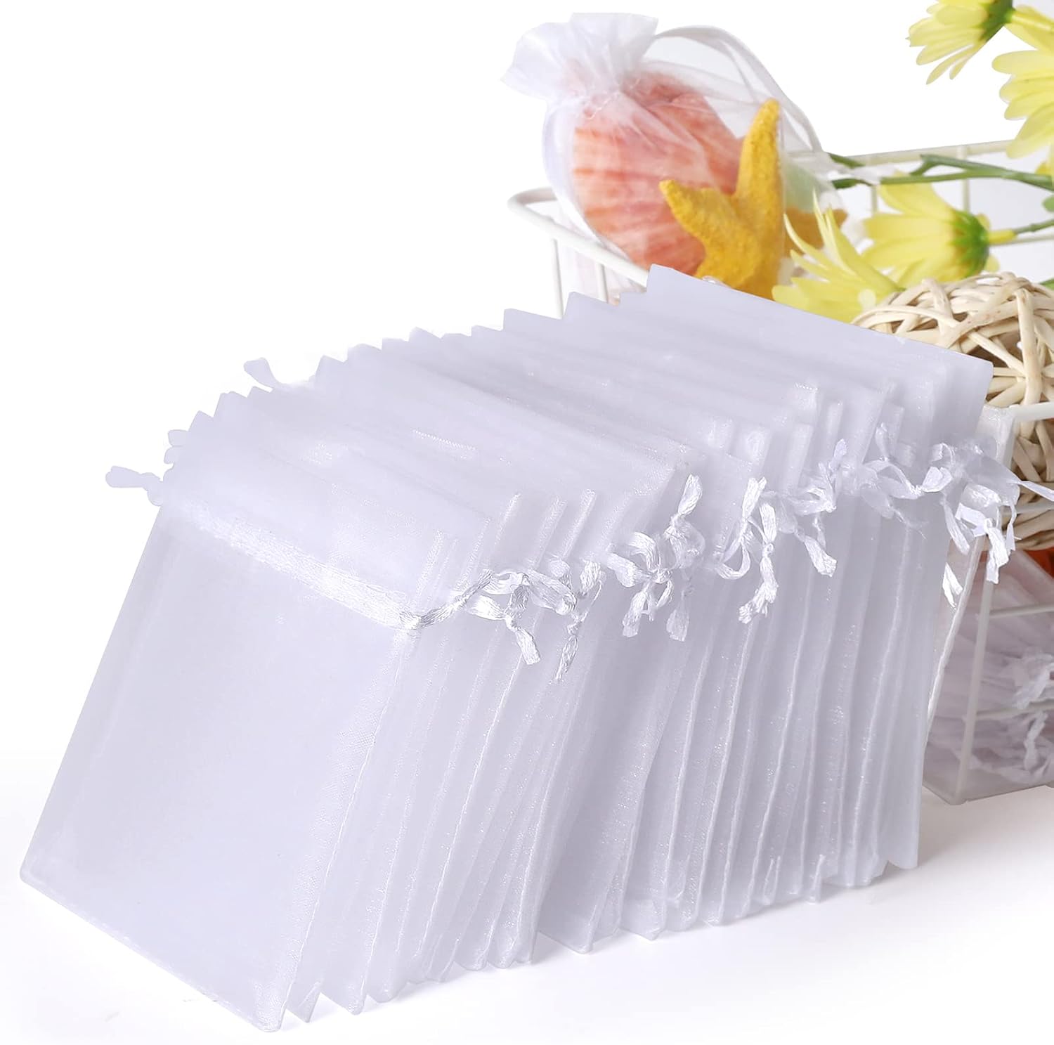 WenTao 100PCS 4x6 White Sheer Organza Bags with Drawstring