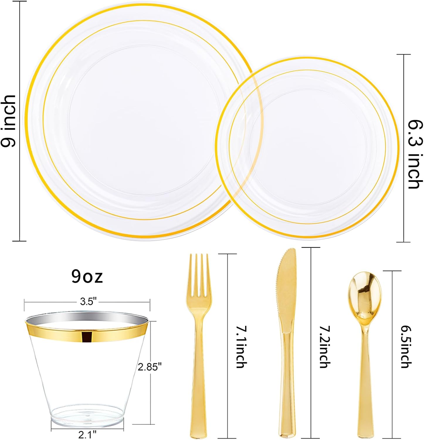 WELLIFE 600 Piece Gold Trim Plastic Dinnerware Set for Party