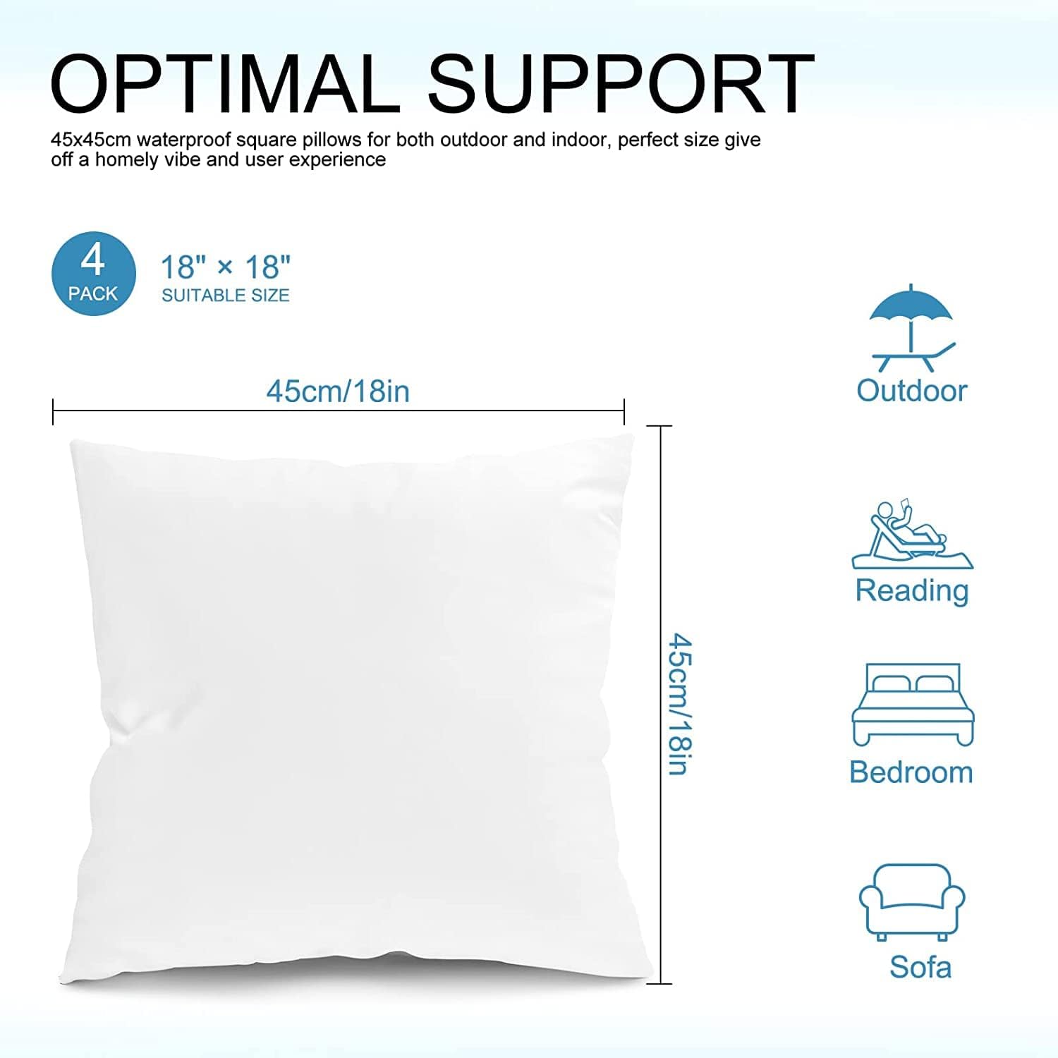 Fixwal 4 Pack 18x18 Outdoor Waterproof Pillow Inserts
