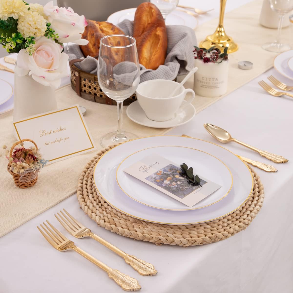KIRE 100PCS Disposable Plates - White with Gold Rim for Party and Wedding