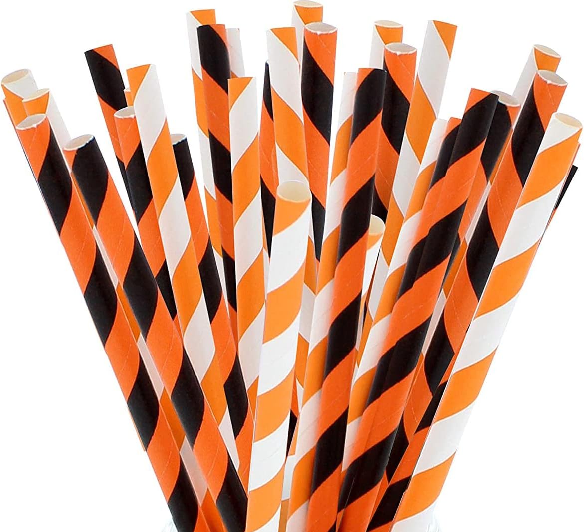 Party On Tap Paper Straws - Orange White Black Striped Pack of 100