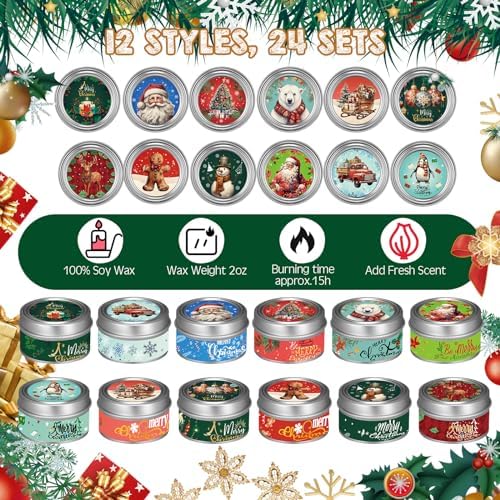 MTLEE 36 Pack Christmas Soy Wax Candles with Organza Bags and Cards