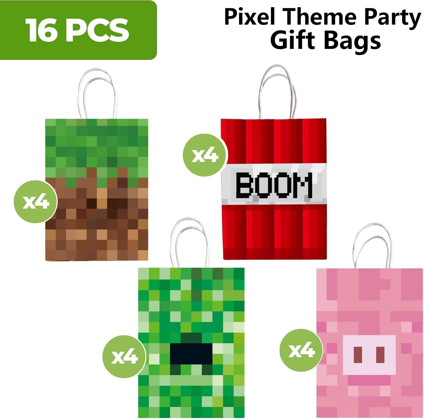 Pixel Party Favors Bags 16pcs - Game Theme Gift Bags with Handles