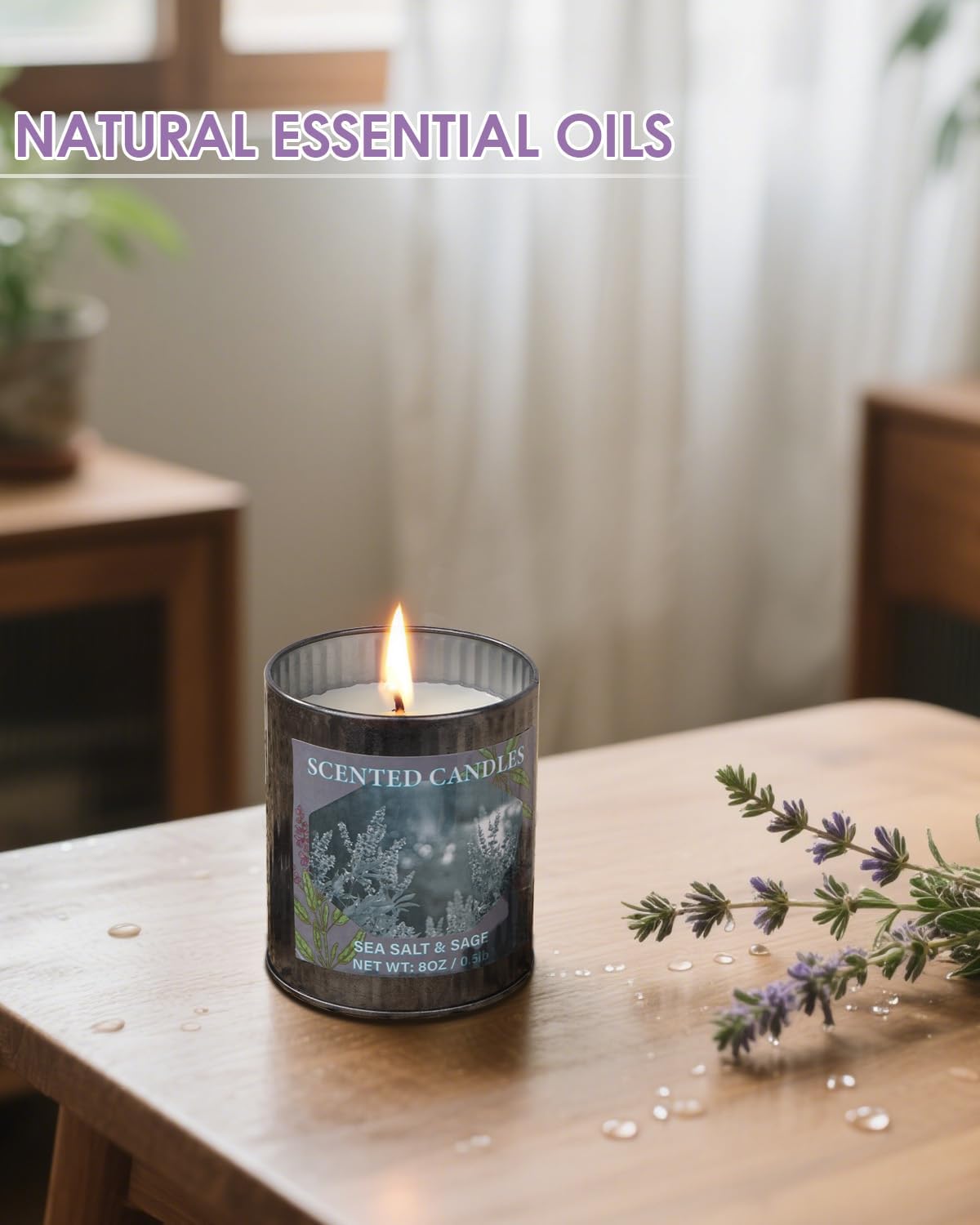 Scented Candles for Home 8oz Soy Candle 50H Burn Sea Salt Sage