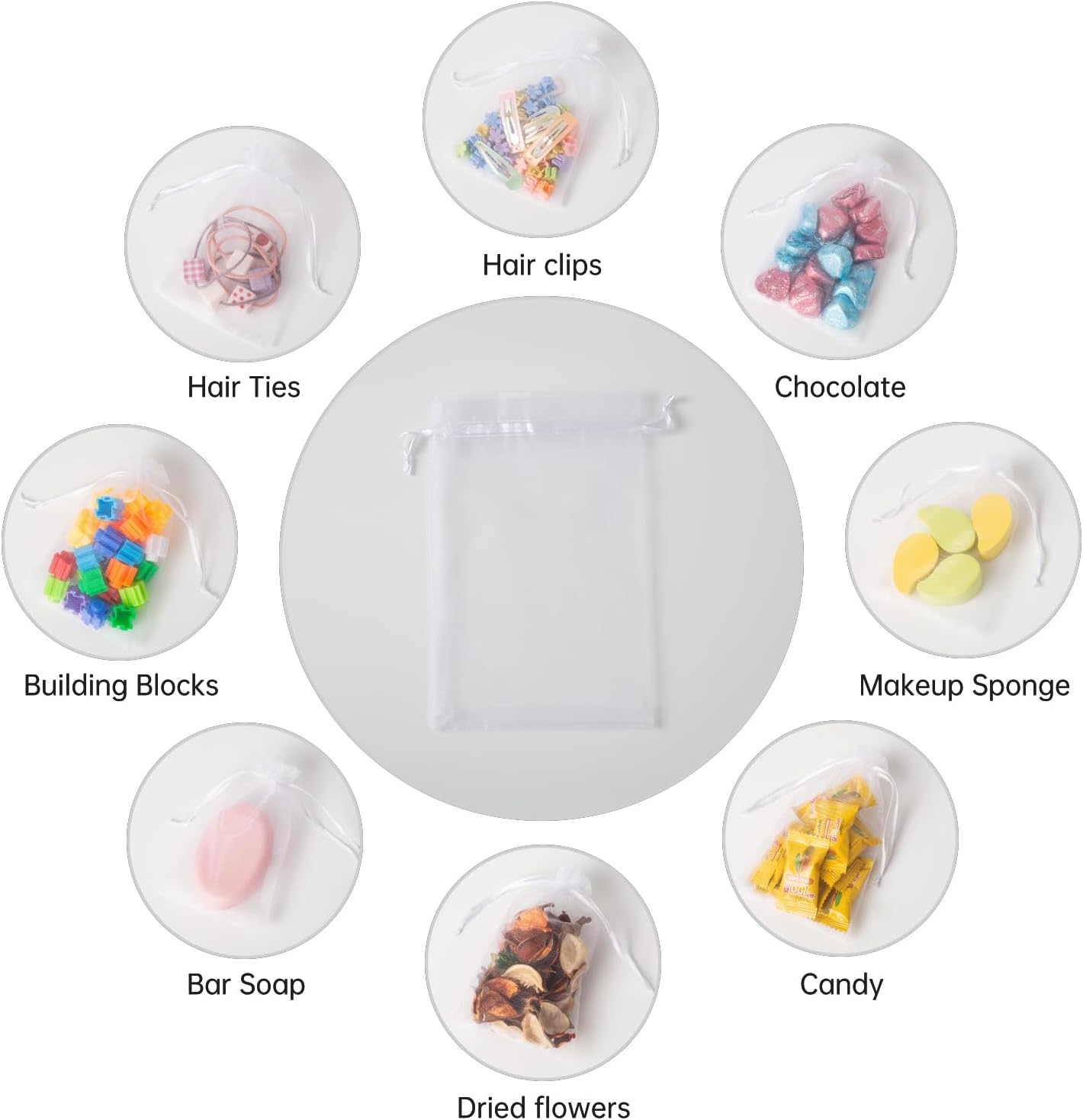 100PCS White Organza Bags with Drawstring