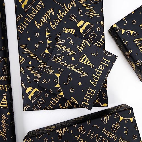 MR FIVE 100 Sheets Birthday Tissue Paper - 20x14 Black Gold Design