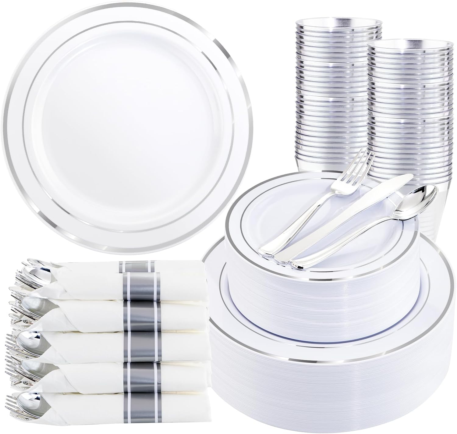 350 Piece Silver Plastic Dinnerware Set for 50 Guests