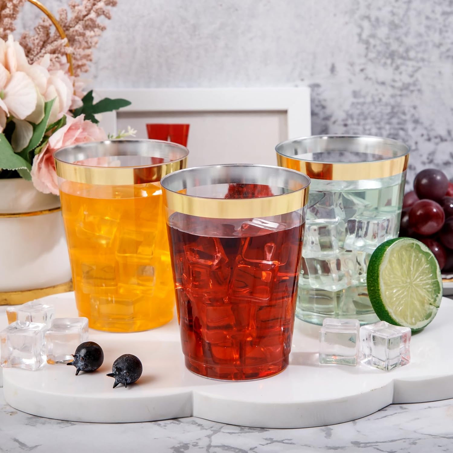 DaYammi 200 Pack 10 Oz Gold Rimmed Plastic Cups for Parties