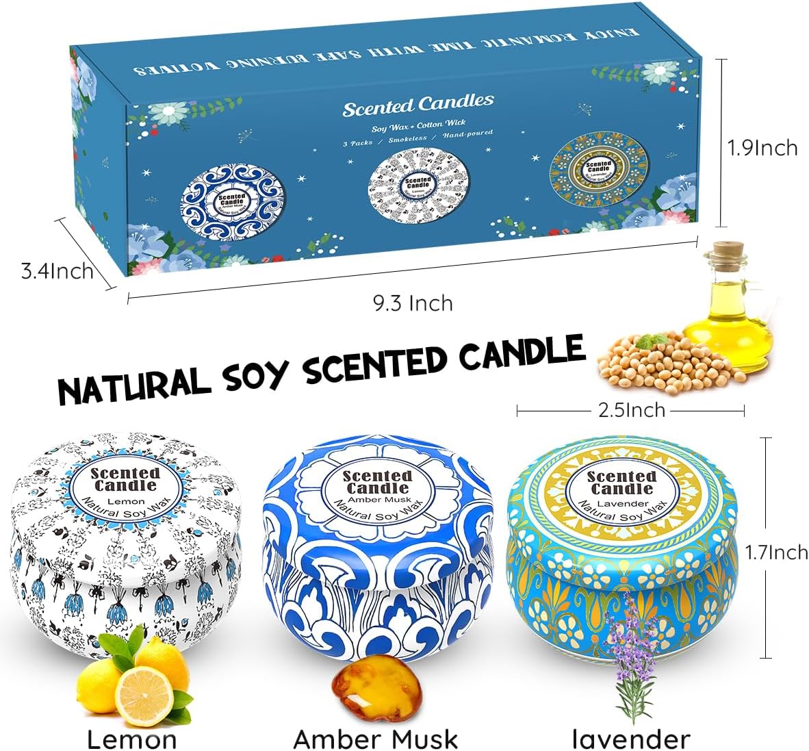 HILAYUN Scented Candles Gift Set 3-Pack Soy Wax Candles