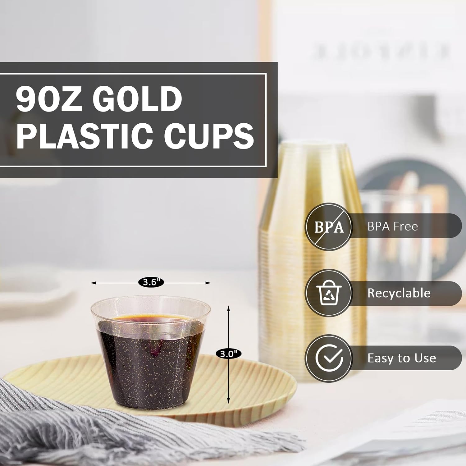 100 Count 9 Oz Gold Plastic Cups for Parties