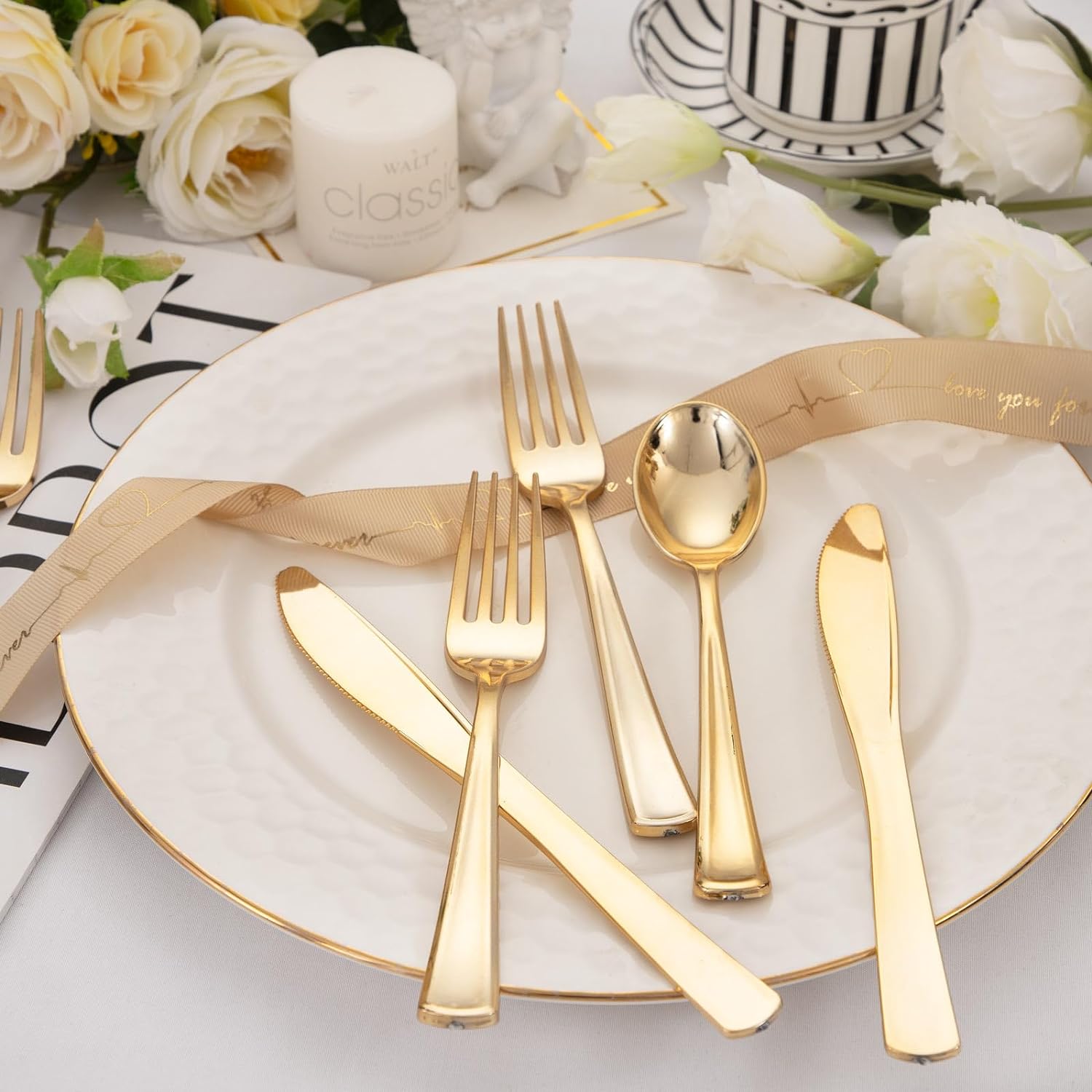WDF 500PCS Gold Plastic Cutlery Set - Forks Spoons Knives for Events