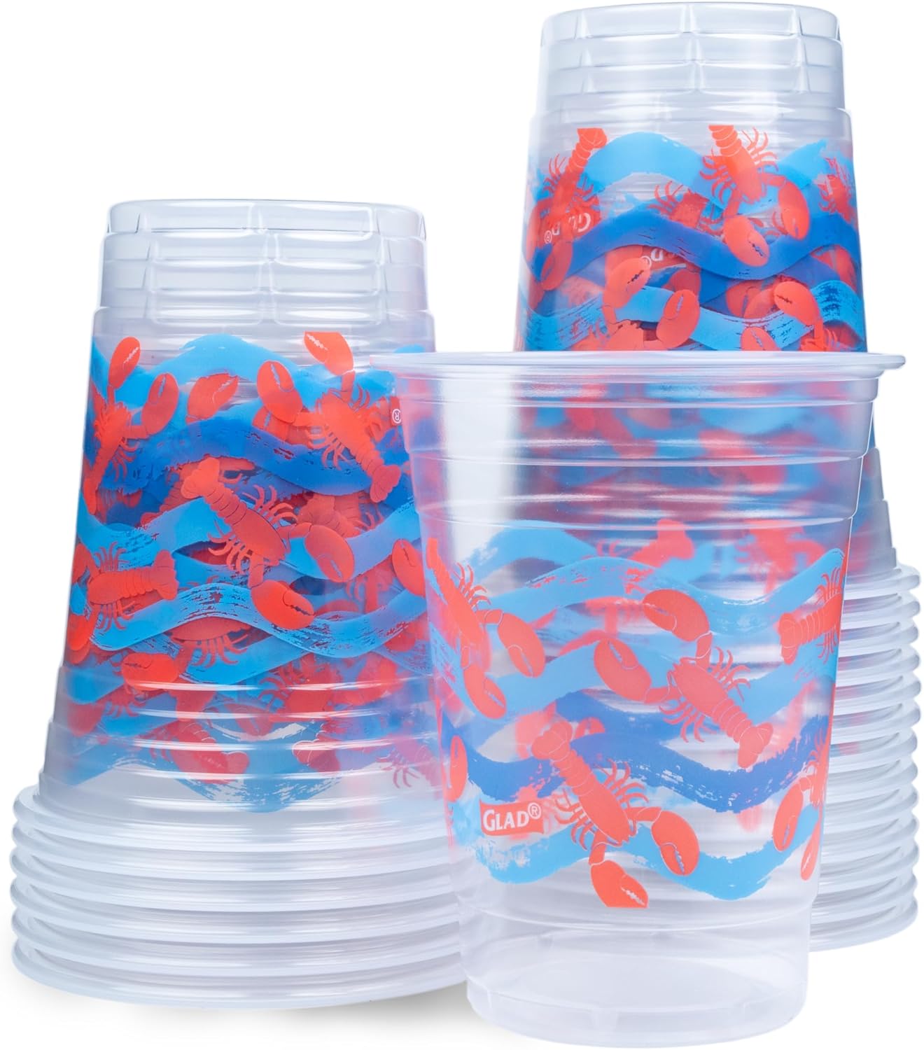 Glad Everyday Clear Plastic Cups with Lobster Waves Design 16 Oz 20 Count