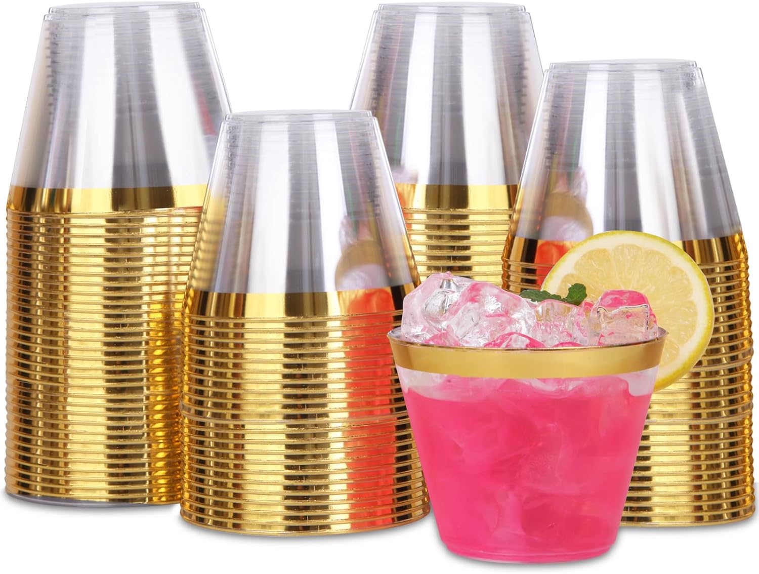 Tobvory 100 Pack Gold Rimmed Plastic Cups 9 oz