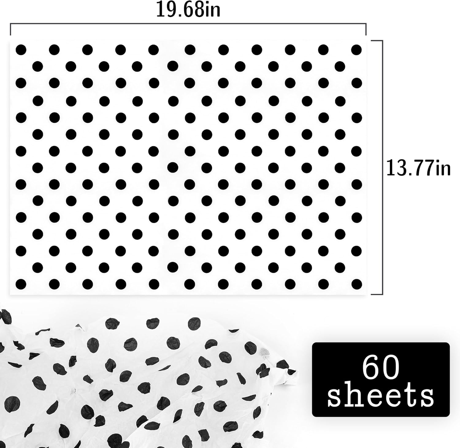 MR FIVE 60 Sheets Black Polka Dot Tissue Paper 14x20