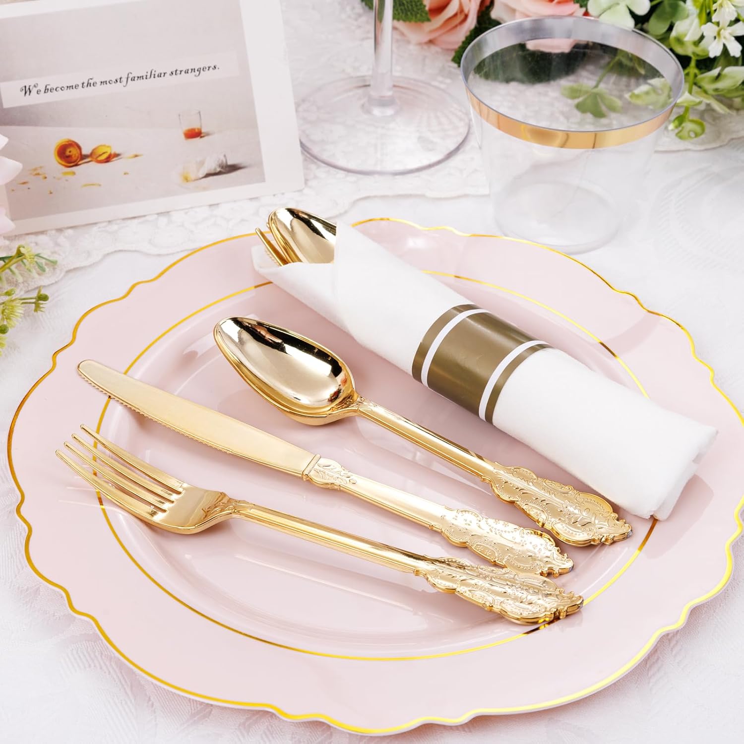 Liacere 350PCS Pink Plates with Gold Border for 50 Guests