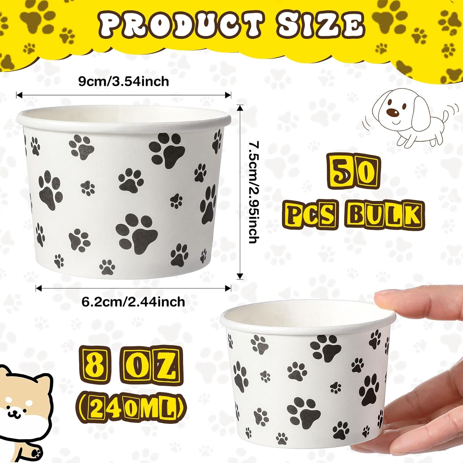 Patelai 50 Count 8 oz Paw Print Ice Cream Cups Disposable Dog Bowls