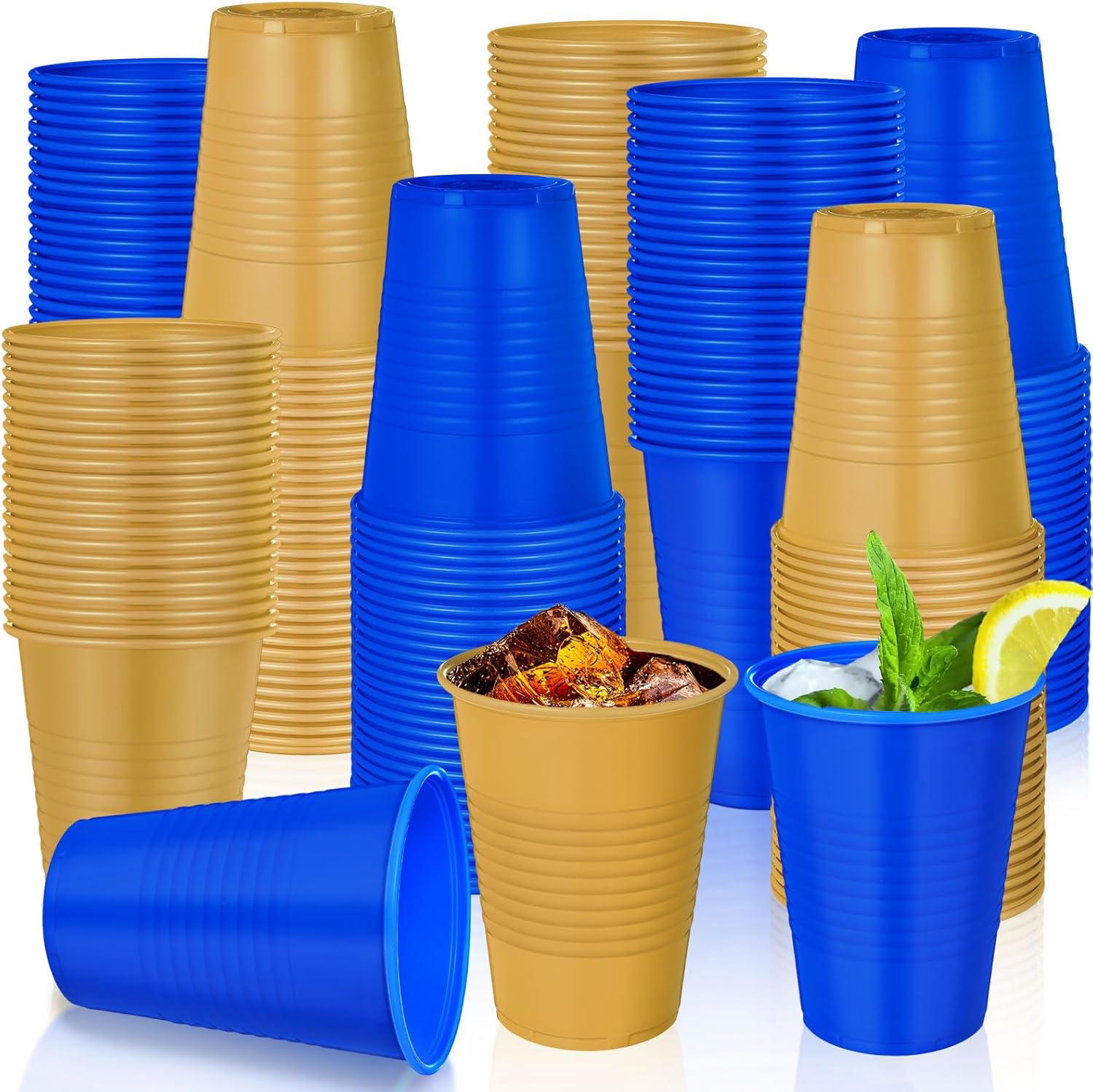 100 Pcs 12 oz Blue and Gold Disposable Cups for Parties