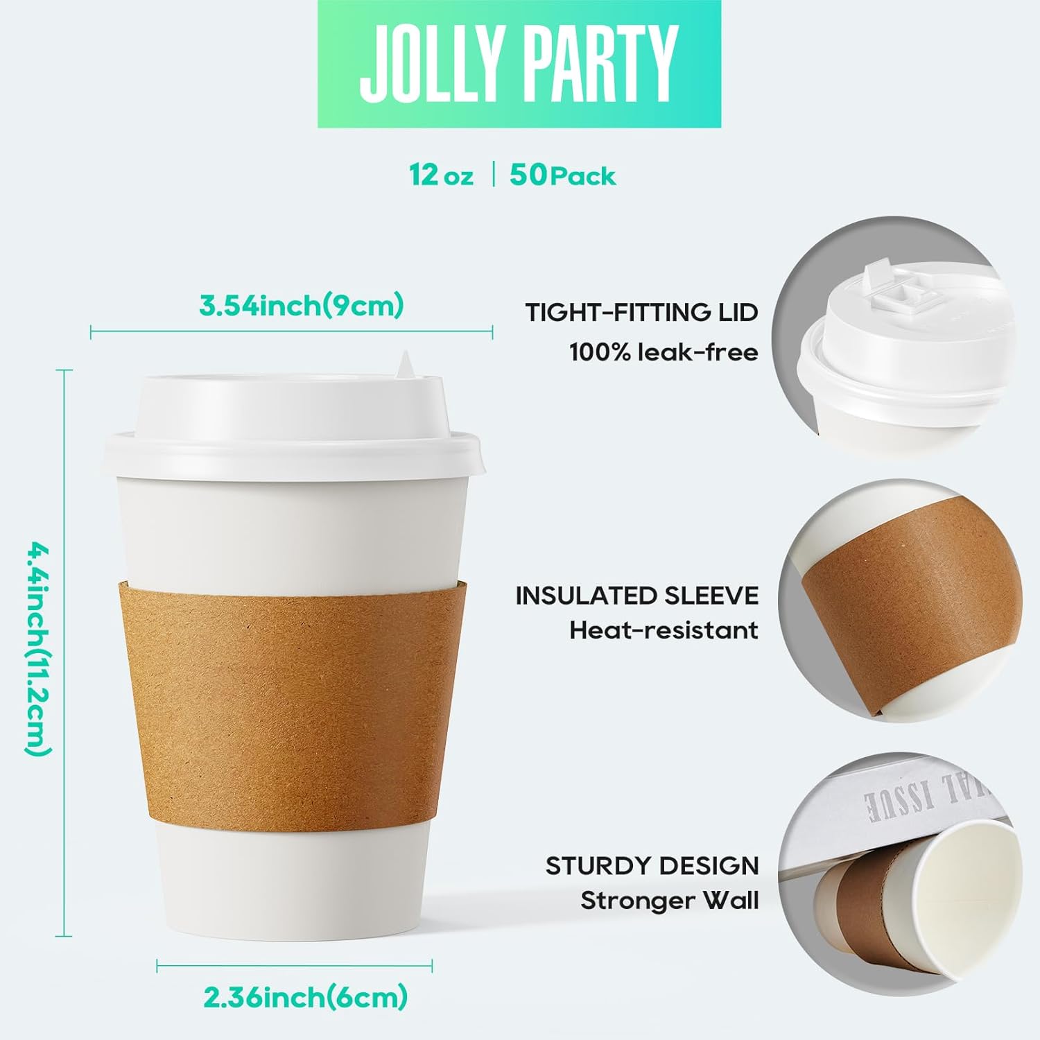 JOLLY PARTY 50 Pack 12 oz Paper Coffee Cups with Lids and Stirrers