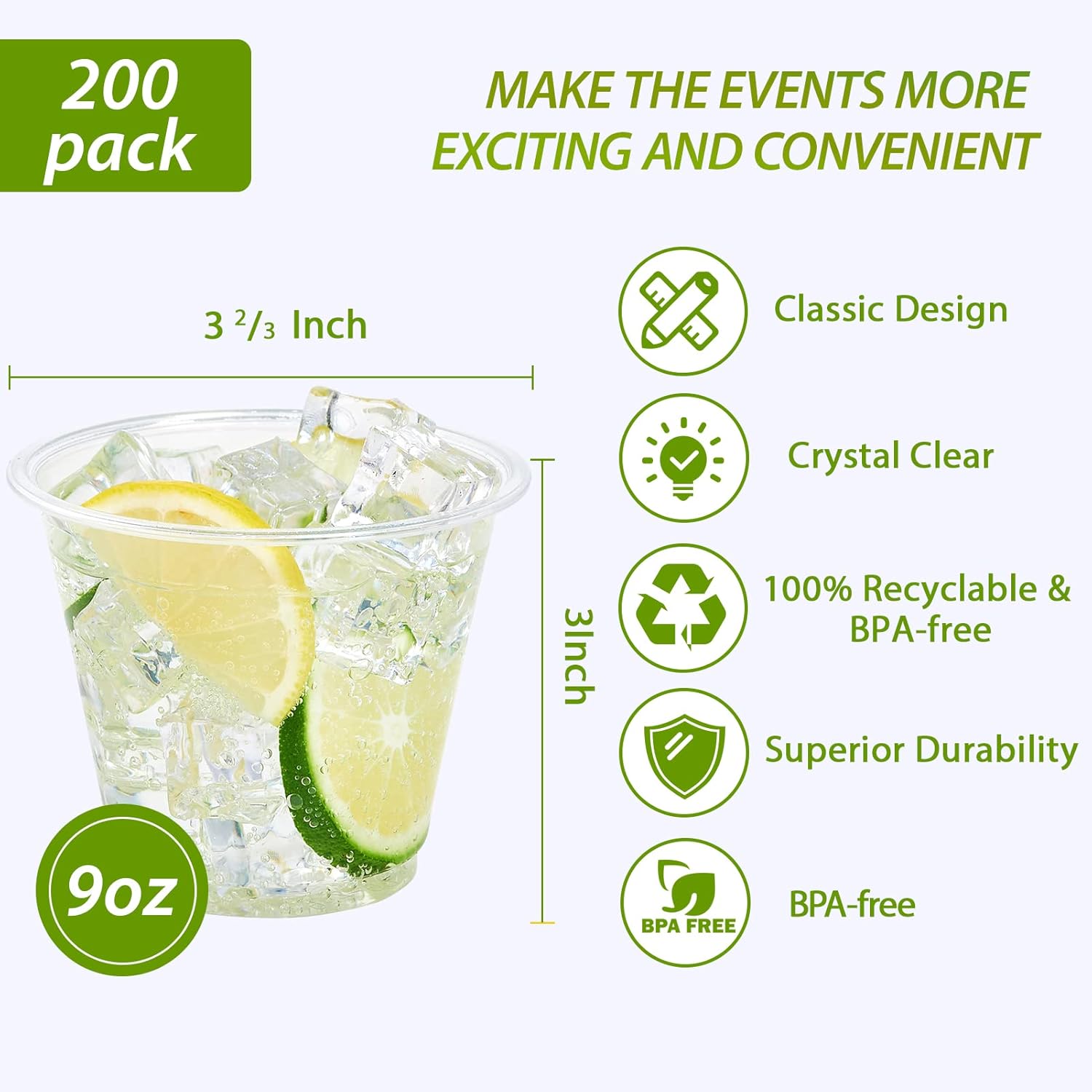 Lilymicky 200 Pack 9 Oz Clear Plastic Cups for Parties and Events