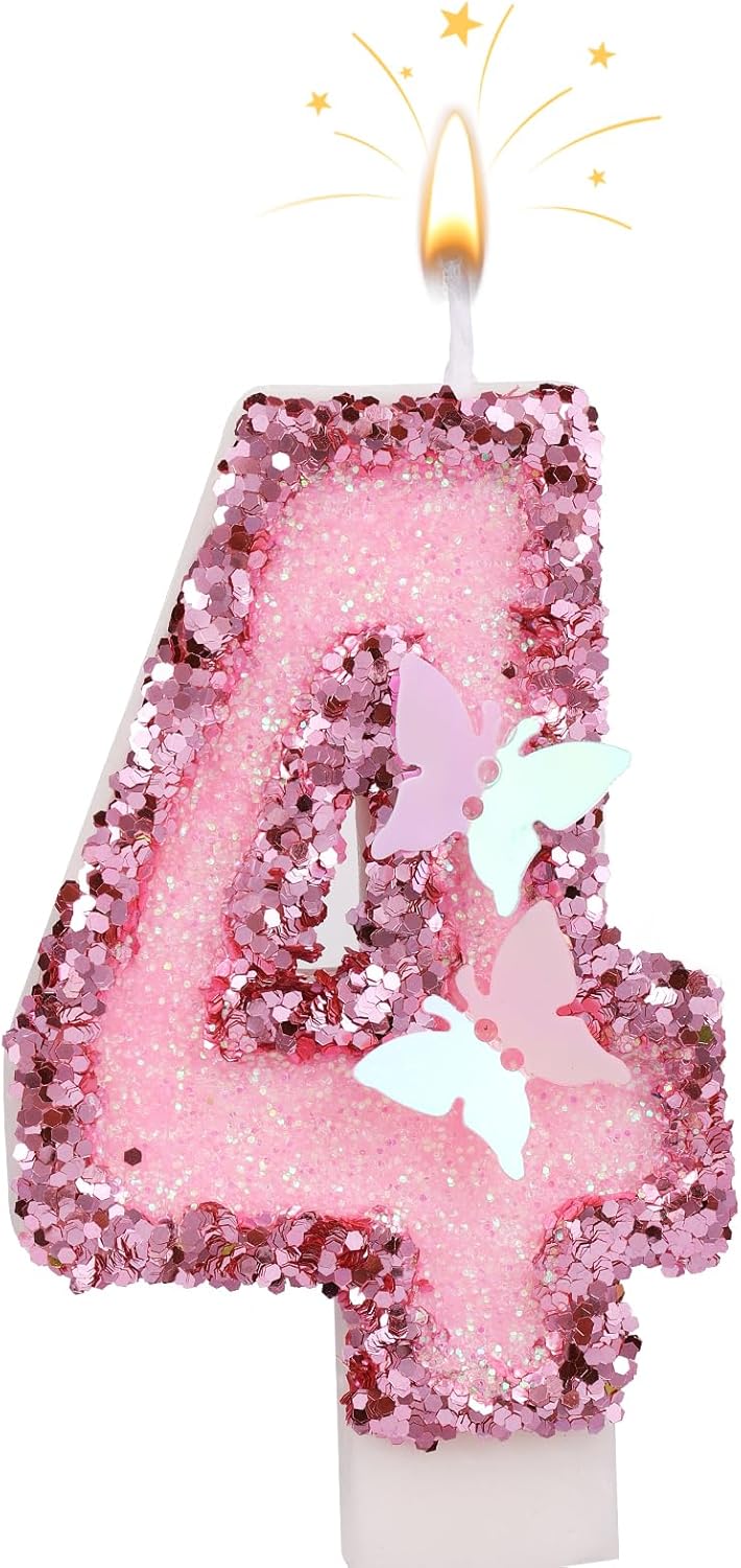 SAVITA 27 Inch Pink Number Candles with Butterfly Sequins - Number 4