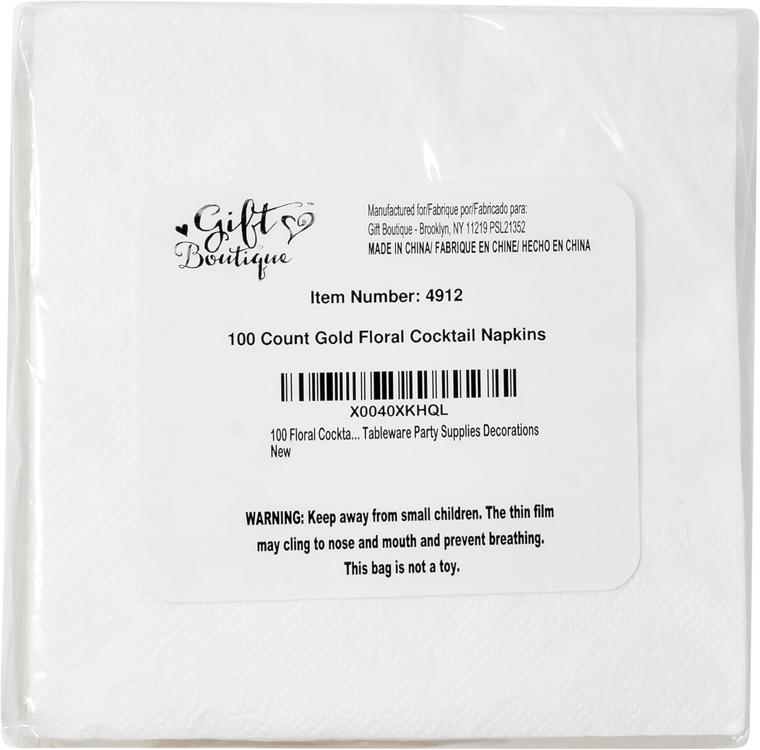 Gift Boutique Floral Napkins Gold White Disposable 10x10 Inches