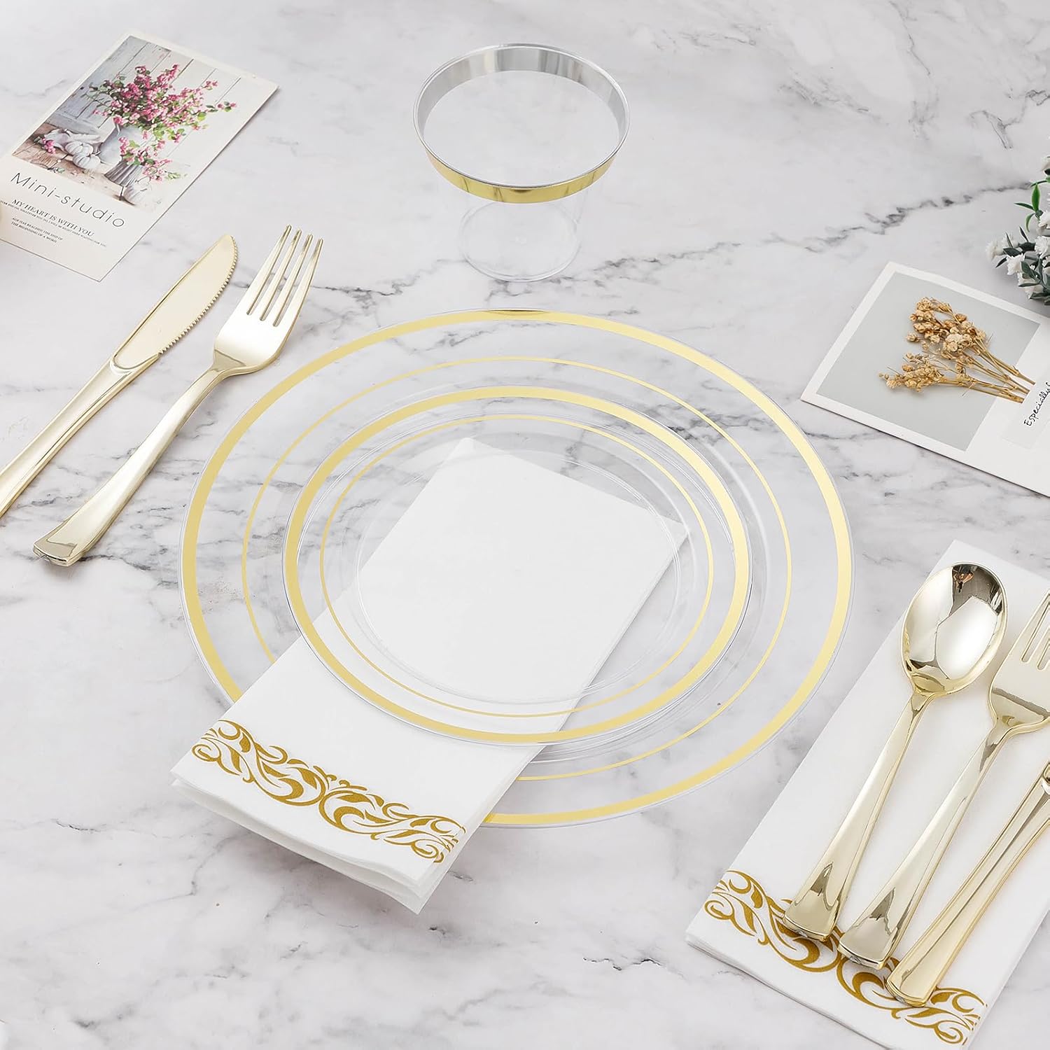 700PCS Clear Gold Disposable Dinnerware Set for 100 Guests