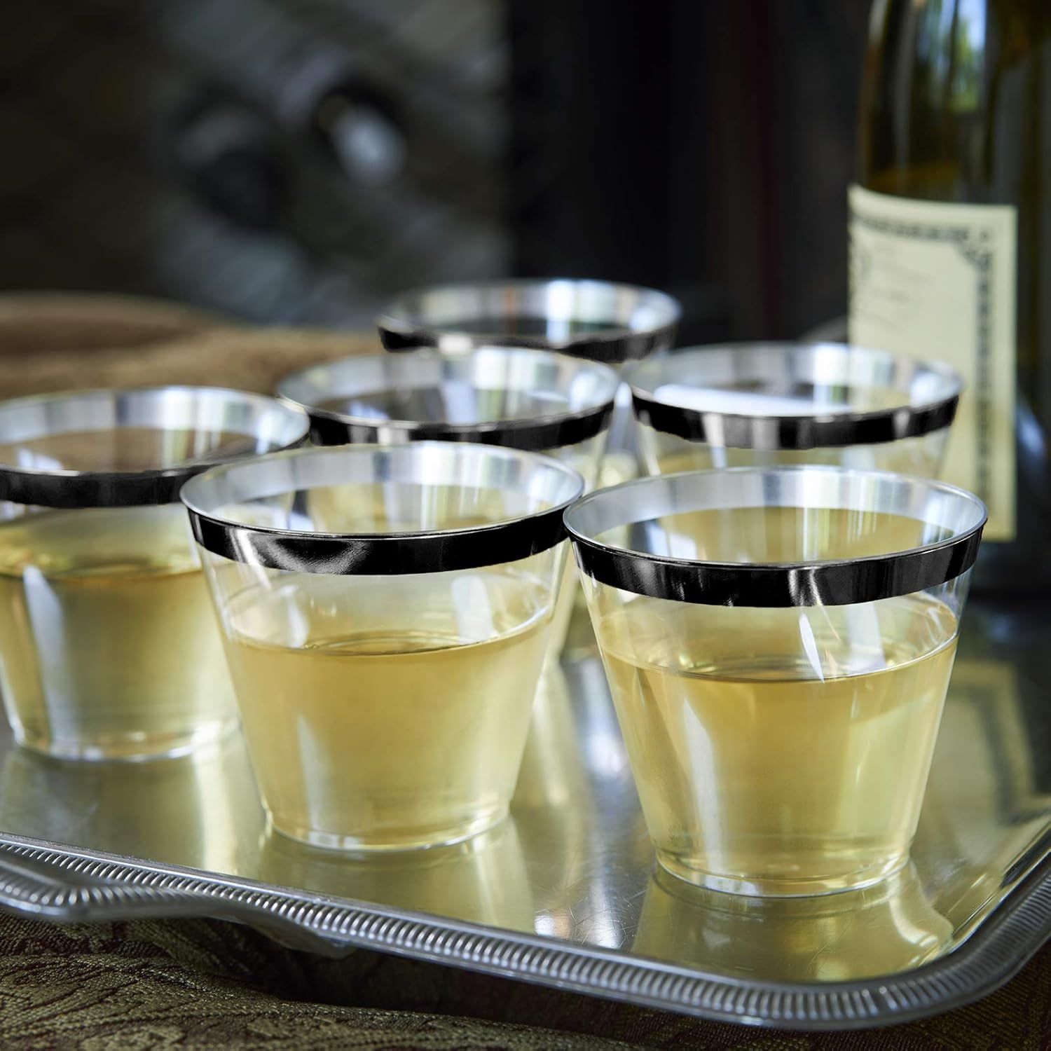 100 Black Rimmed Plastic Cups with Silver Ice Tongs Set
