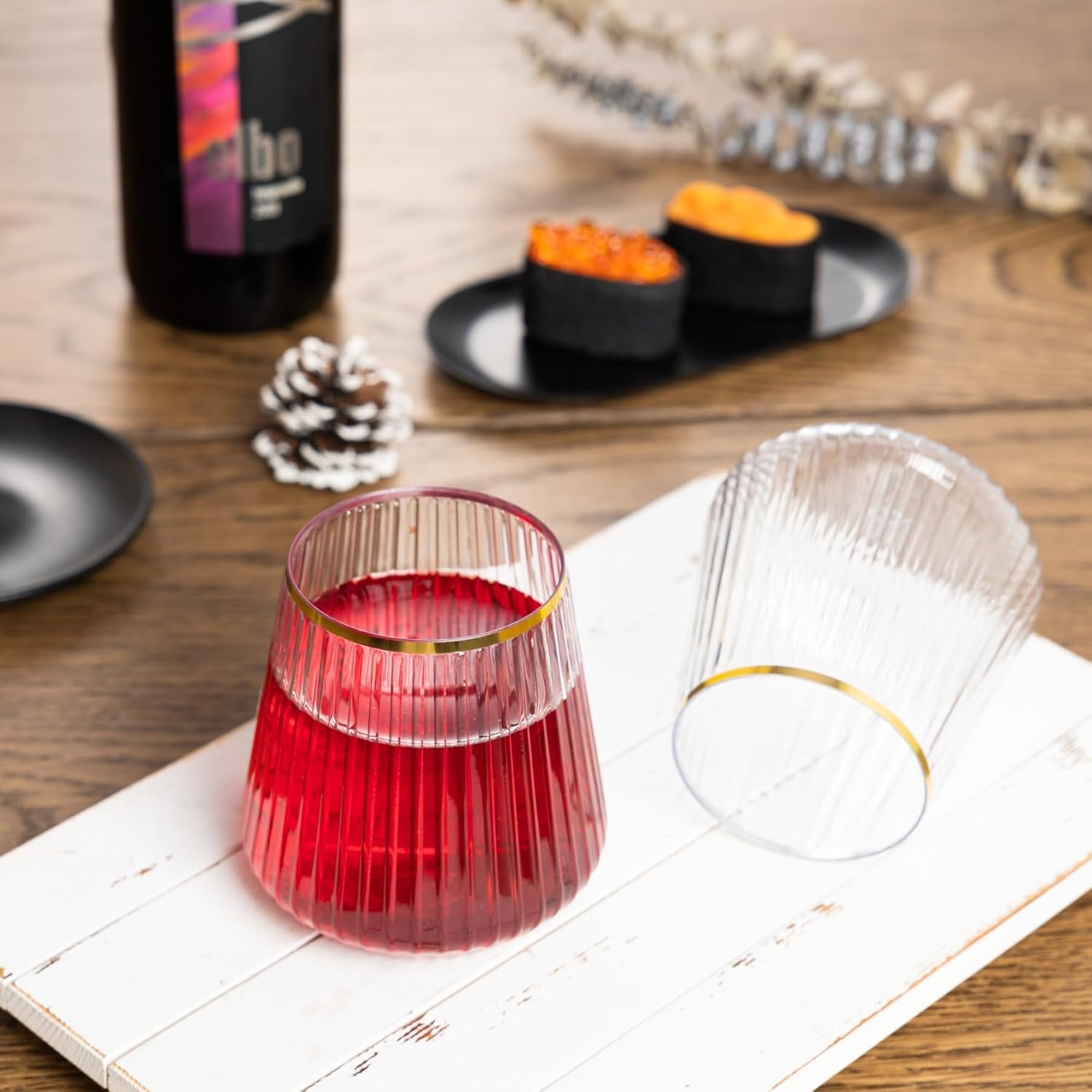 N9R 24 Pack Clear Plastic Wine Cups with Gold Rim