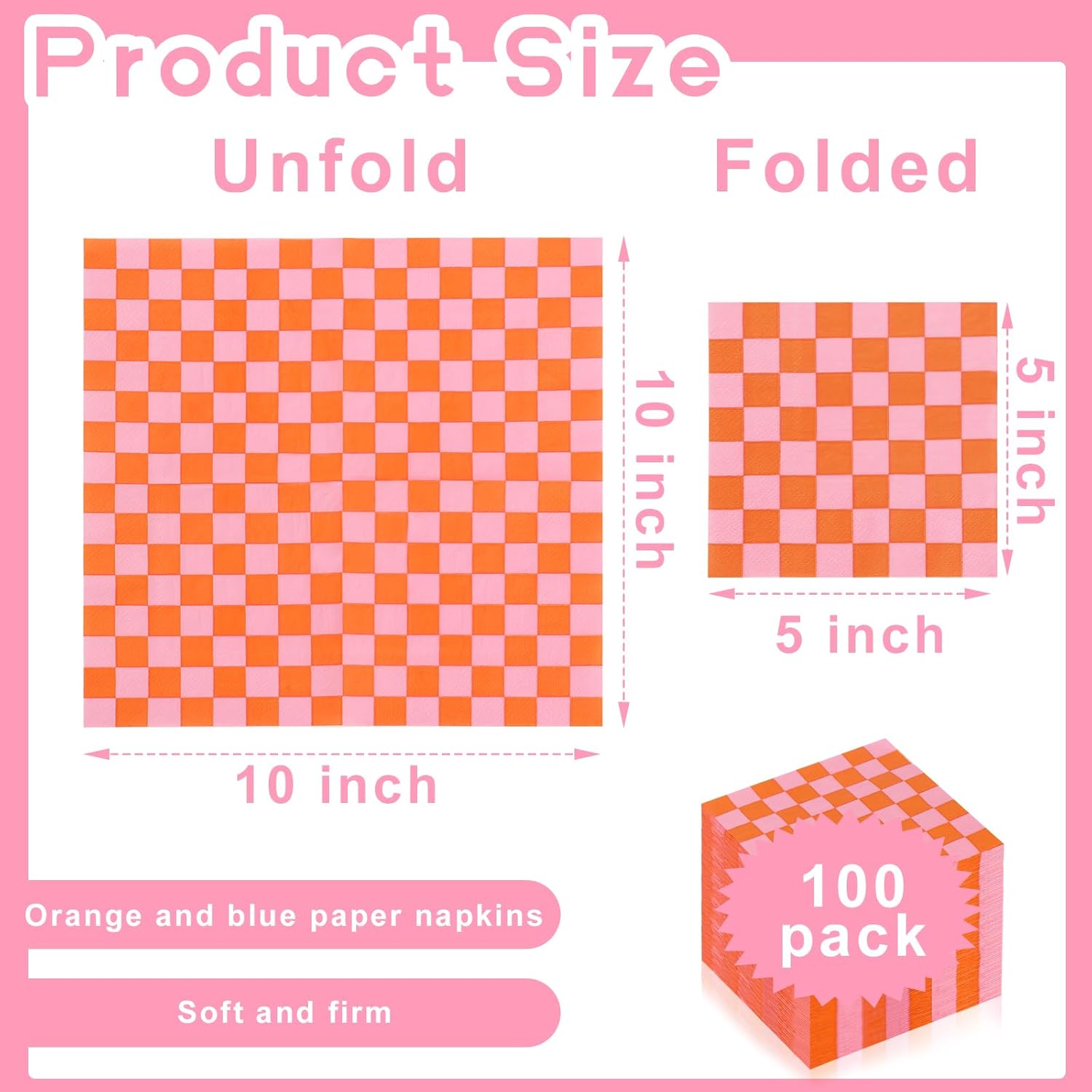 100 Pcs Plaid Paper Napkins Pink Orange Party Use
