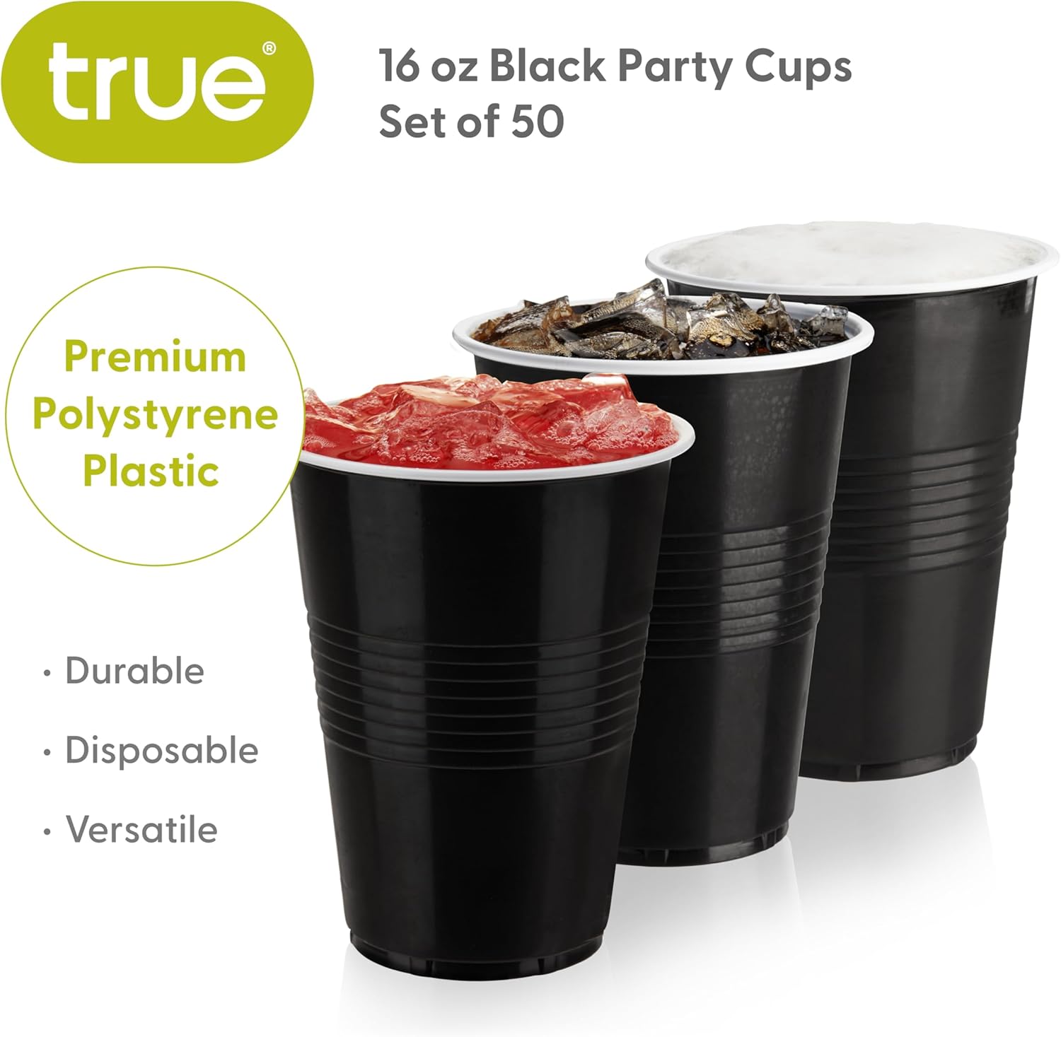 True Black 16oz Plastic Cups Set of 50 for Parties