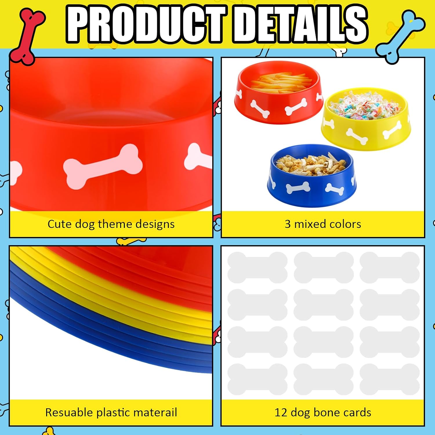 12 Piece Dog Paw Plastic Bowls Birthday Party Supplies Blue Yellow Red