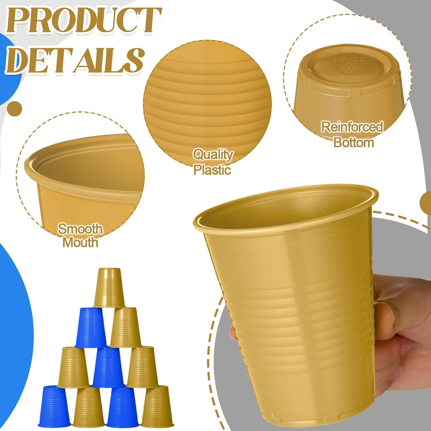 100 Pcs 12 oz Blue and Gold Disposable Cups for Parties