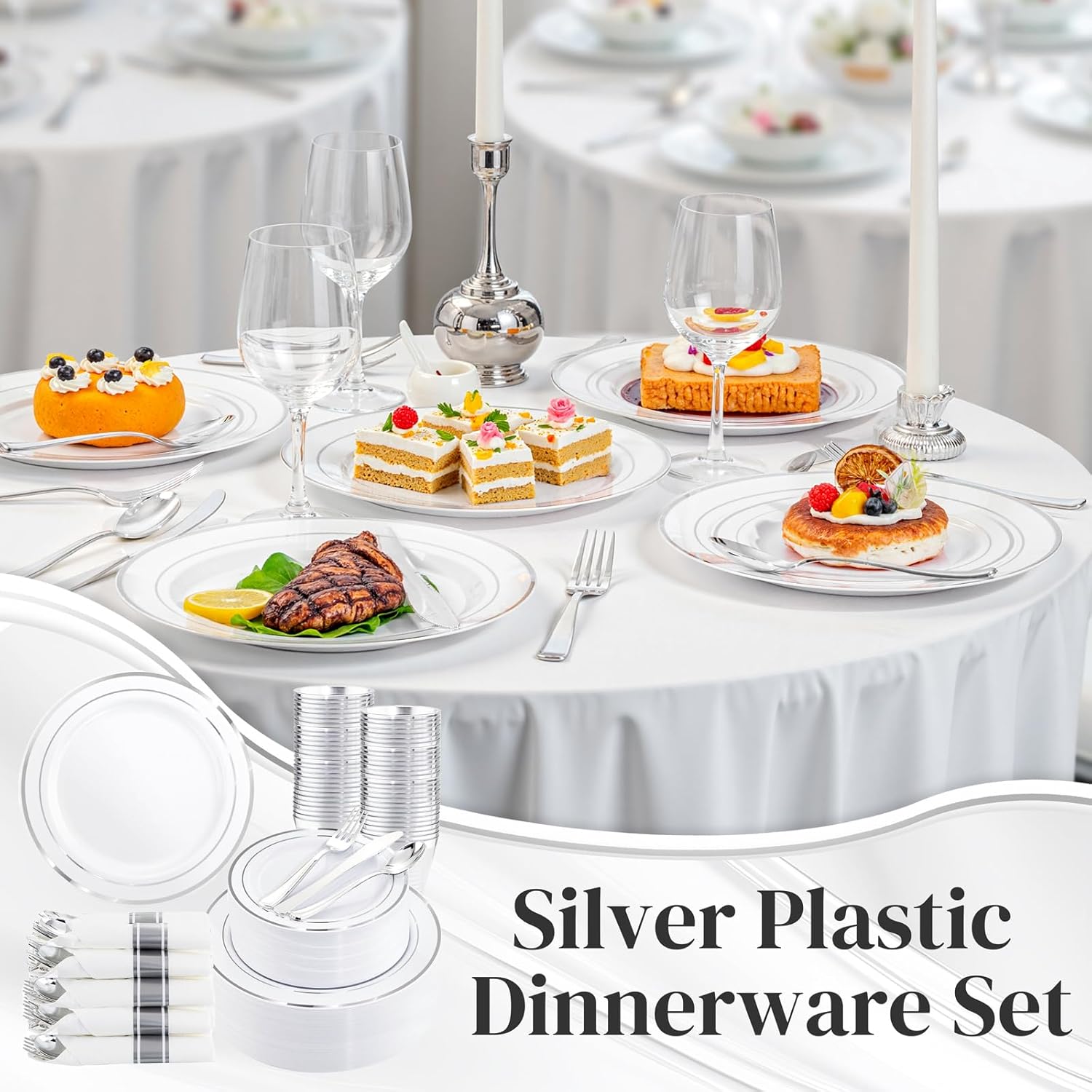 350 Piece Silver Plastic Dinnerware Set for 50 Guests