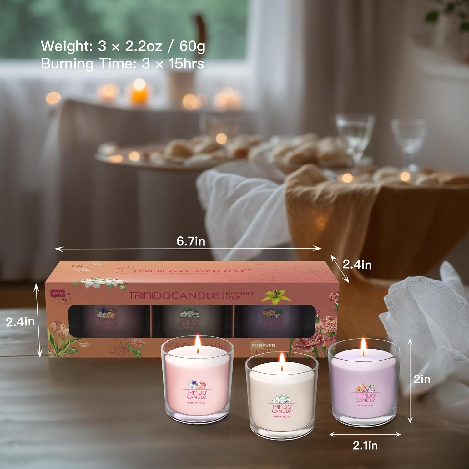 TRINIDa Scented Candles - 45Hr 3 Votive Set for Mom