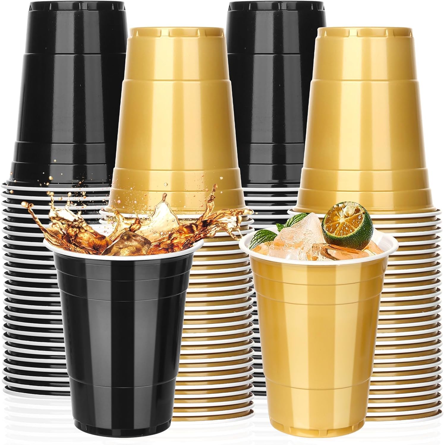KesaPlan 100PCS 16 oz Plastic Party Cups Black Gold