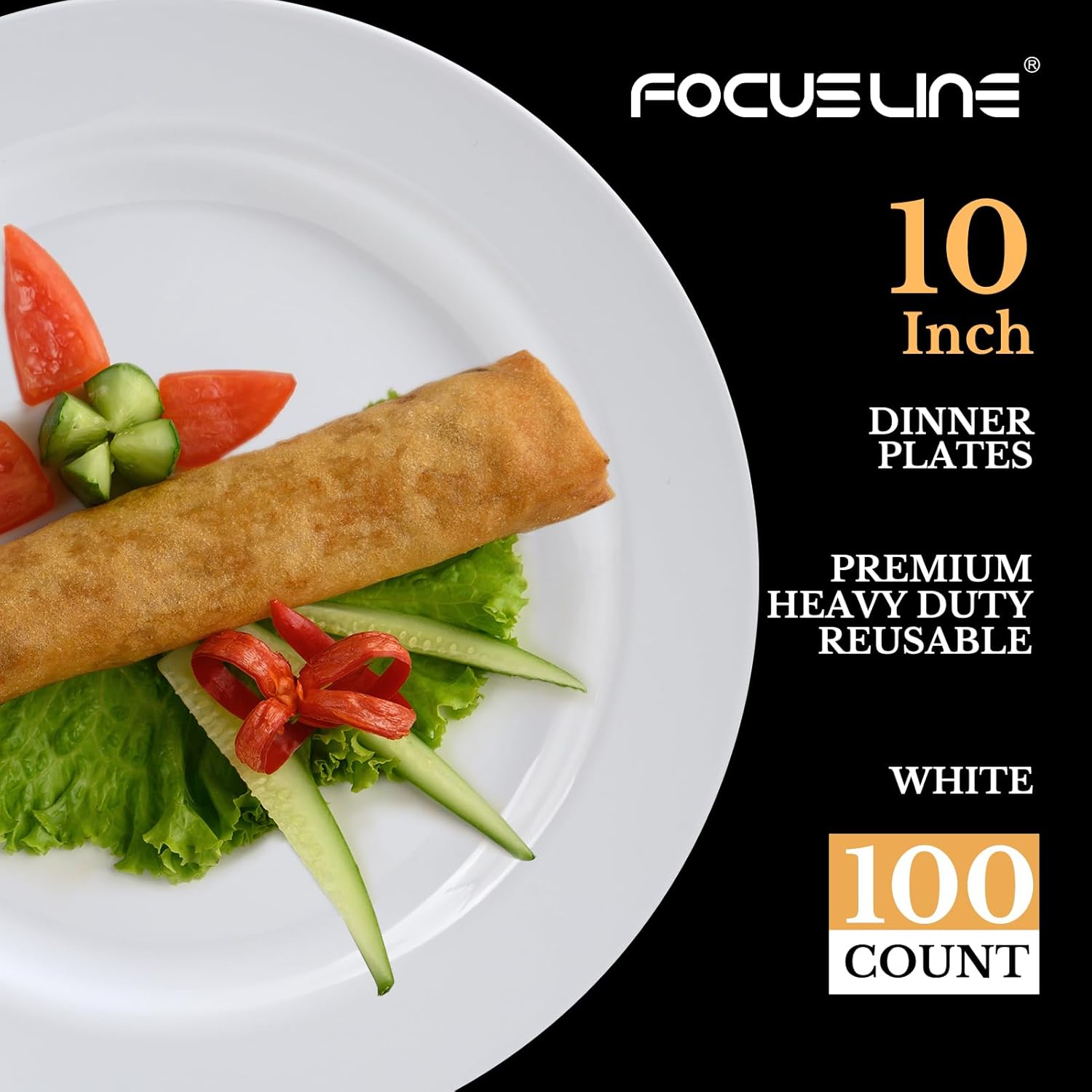 FOCUSLINE 100 Count Heavy Duty White Plastic Plates 10 Inch