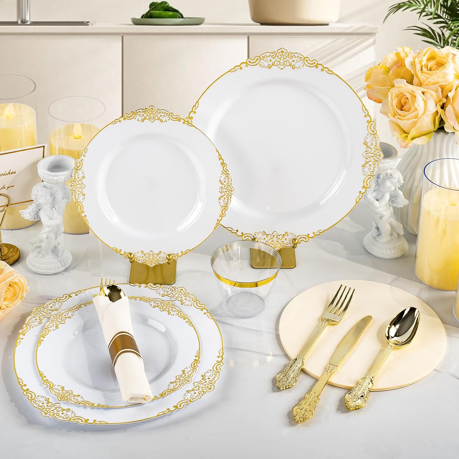 350PCS Gold Plastic Plates for 50 Guests Wedding Party Set