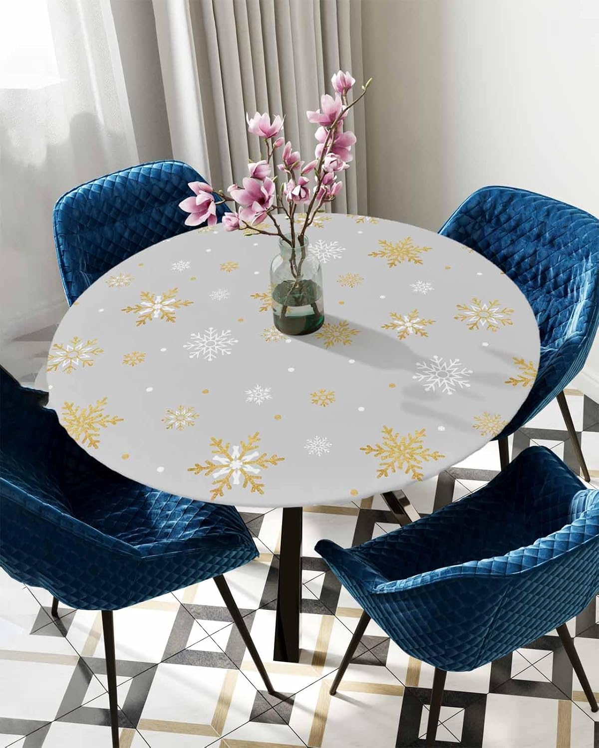 Winter Snowflake Round Waterproof Table Cover Gold Grey White 45-54
