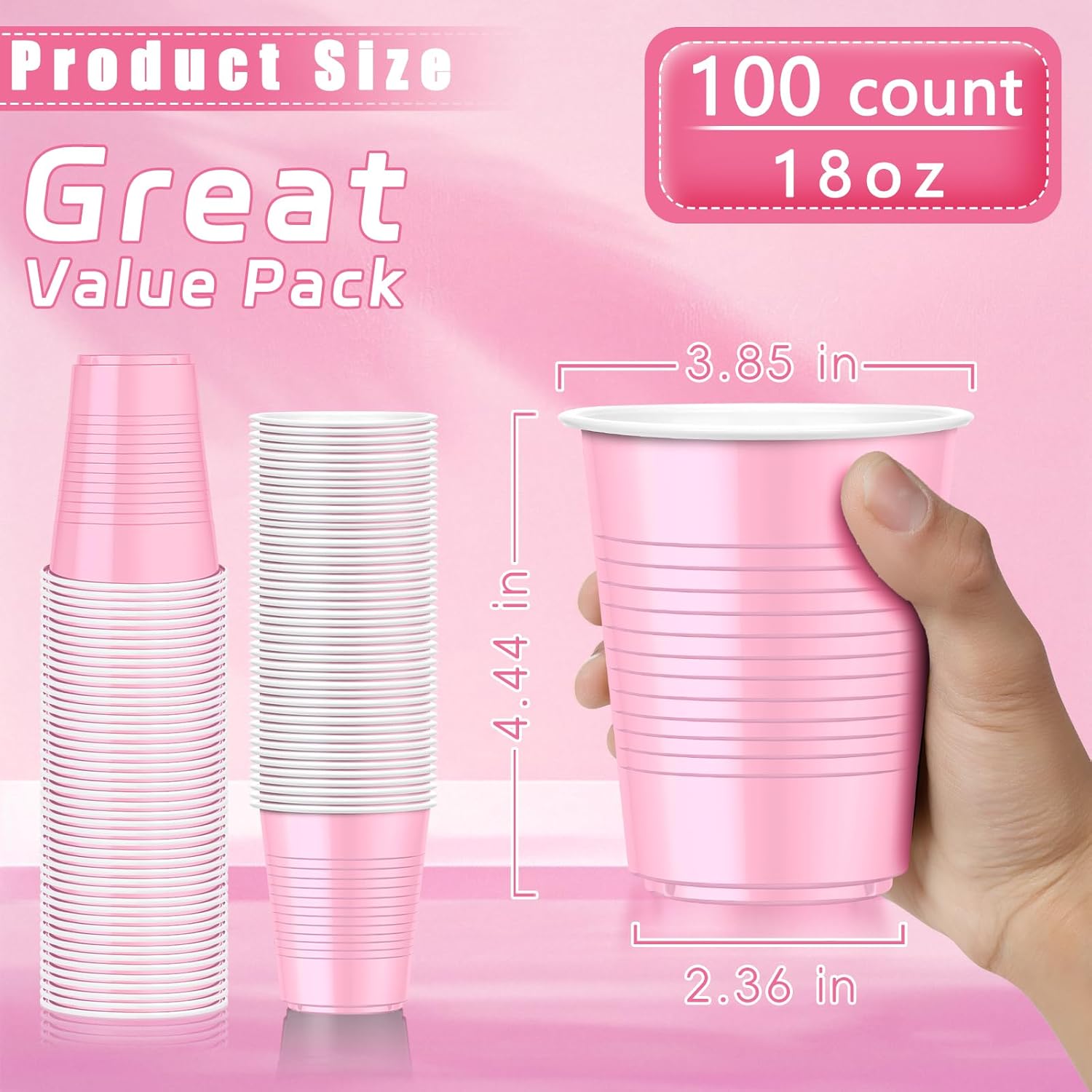 Dualshine 100 Pack Pink Plastic Cups 18 oz