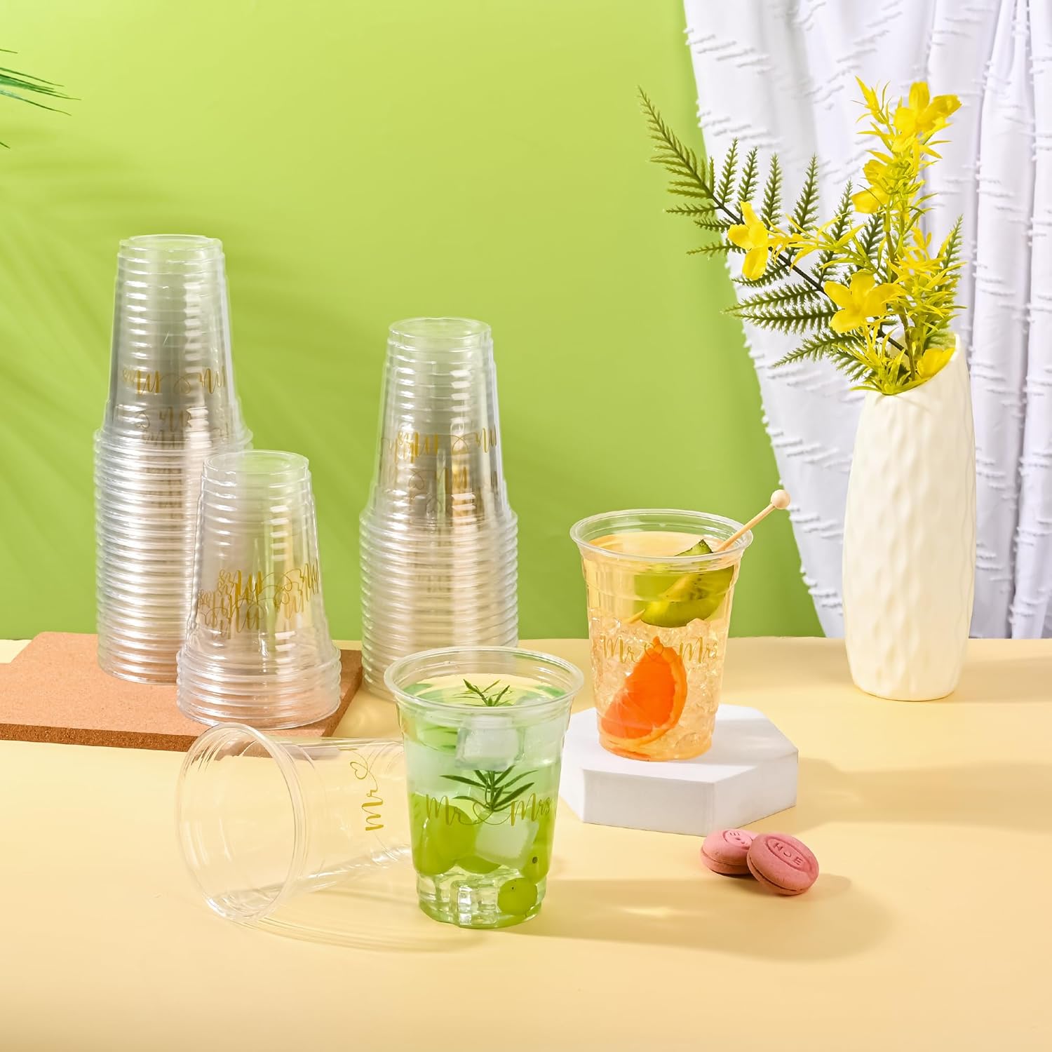 100Pcs Mr and Mrs Disposable Plastic Cups Wedding Reception 12oz Clear Drinkware