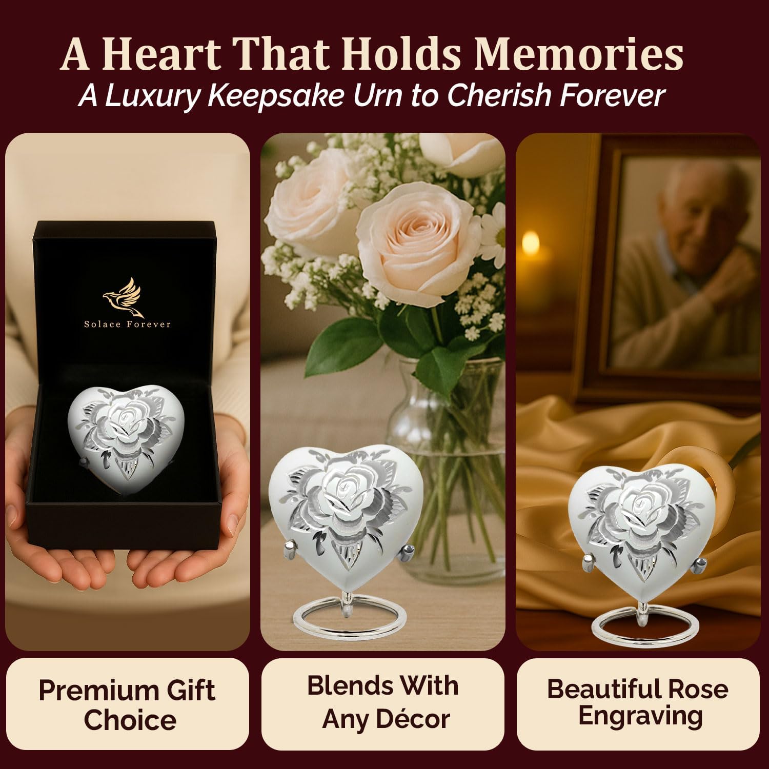 Mini Urns for Human Ashes - Heart-Shaped Keepsake Urn with Rose Engraving